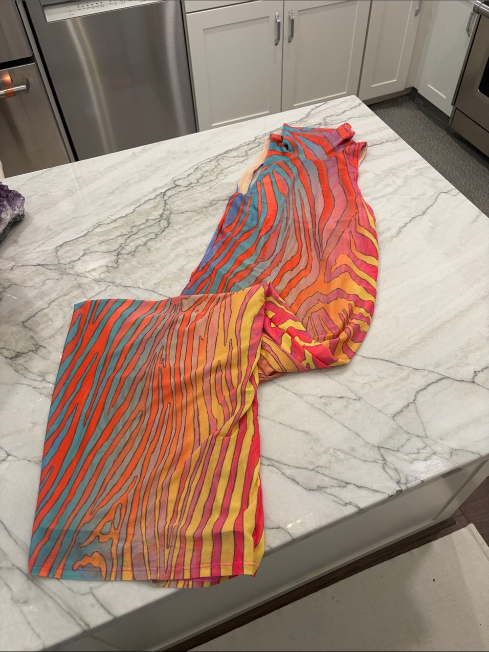AFRM Multicolor Zebra-Stripe Maxi Dress in Orange, Pink & Teal mesh knit SZ XS